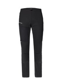 Pantalones softshell negros con texturas variadas: parte superior suave, paneles de malla en los muslos y secciones inferiores mate en contraste. Presenta un logo y una cintura ajustable.