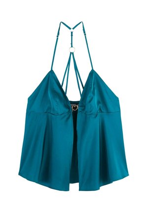 Camisole in raso turchese con design svasato, dotata di spalline regolabili e connettore circolare sul retro. Texture morbida e finitura liscia.