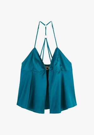 Camisole in raso turchese con design svasato, dotata di spalline regolabili e connettore circolare sul retro. Texture morbida e finitura liscia.