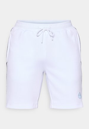 White athletic shorts with an elastic waistband and drawstring, featuring black side accents and a light blue logo on the front.