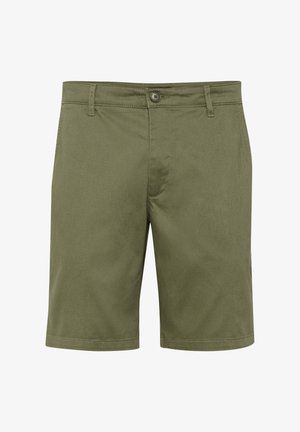 Olivovo zelené šortky s hladkým povrchom, strihom na mieru, predným zapínaním na gombík a zakriveným lemom. Bez viditeľných vzorov alebo ozdôb.