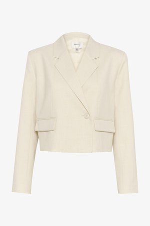 Kuttet beige blazer i et teksturert stoff, med dobbeltradet front, notched lapeler og to frontlommer.