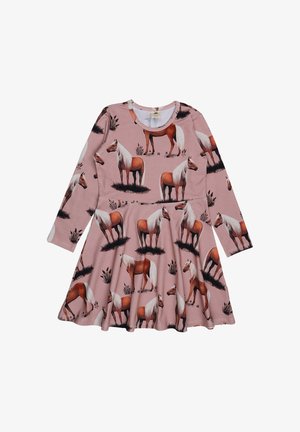 Langärmliges Kleid aus pinkem Stoff mit einem Pferdedruck und einem ausgestellten Rock. Der Stoff wirkt weich und dehnbar.