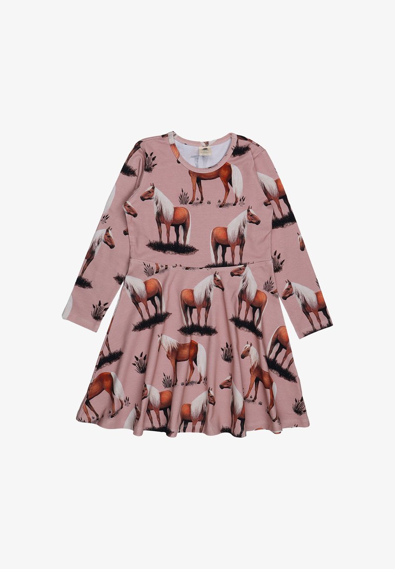 Langärmliges Kleid aus pinkem Stoff mit einem Pferdedruck und einem ausgestellten Rock. Der Stoff wirkt weich und dehnbar.