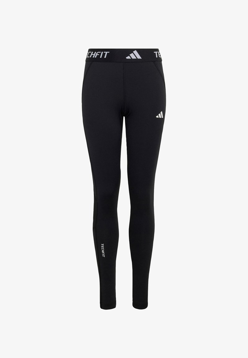 Czarne legginsy kompresyjne Adidas Techfit z logo na lewej udzie i pasku, zaprojektowane do użytku sportowego.