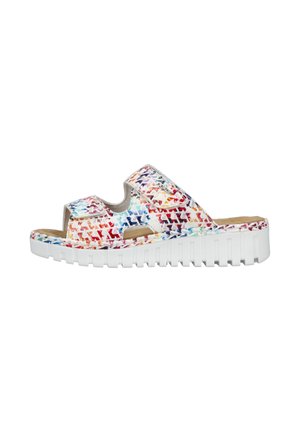 Sandale à glissière ouverte avec un dessus à motif multicolore et une finition texturée, contrastée par une semelle blanche striée.