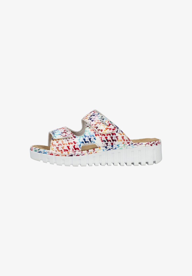 Open-toe slide sandal featuring a multicolored patterned upper with a textured finish, contrasted by a white ridged sole.