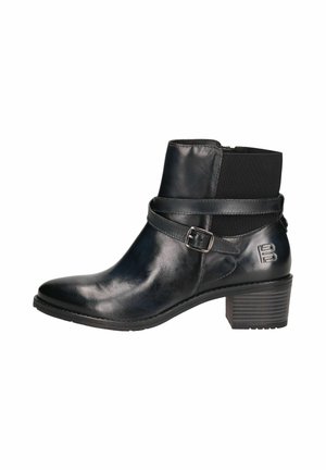 Black leather ankle boot with pointed toe, elastic side panel, buckle accent, and a textured block heel. Smooth finish with logo detail.