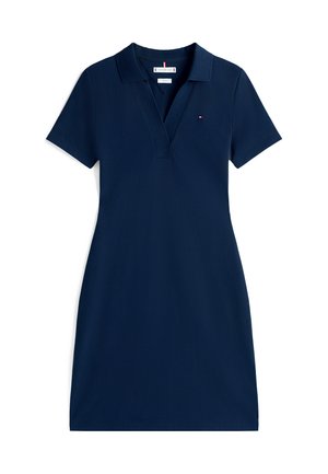 Marineblå polo-kjole med korte ermer, krage og knappestolpe foran. Laget av glatt, elastisk stoff med en liten logoaccent.