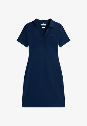 Marineblå polo-kjole med korte ermer, krage og knappestolpe foran. Laget av glatt, elastisk stoff med en liten logoaccent.