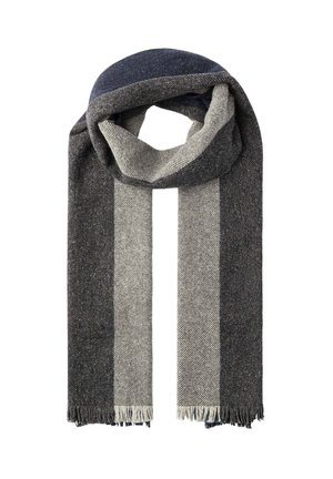 Wool blend scarf featuring a striped design in dark gray, light gray, and navy, with fringed edges. Soft texture and classic pattern.