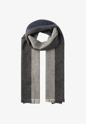 Écharpe en mélange de laine avec un design rayé en gris foncé, gris clair et marine, avec des bords frangés. Texture douce et motif classique.