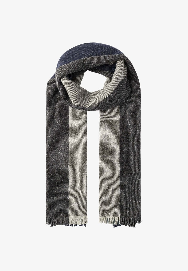 Sciarpa in misto lana con un design a righe in grigio scuro, grigio chiaro e blu navy, con bordi frangiati. Morbida al tatto e con un motivo classico.