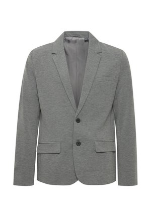 Gray blazer made from textured fabric, featuring a notched lapel, two front pockets, and two button closures. Smooth inner lining.