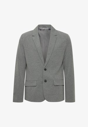 Blazer grigio realizzato in tessuto testurizzato, con revers a scollo e due tasche frontali, e due aperture con bottoni. Fodera interna liscia.