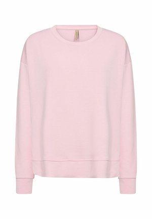 Helles rosa Sweatshirt mit Rundhalsausschnitt und langen Ärmeln, mit gerippten Bündchen an Ärmeln und Saum, auf weißem Hintergrund dargestellt.