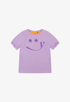 Lichtpaarse T-shirt met korte mouwen en gerimpelde mouwzoom, voorzien van een glinsterende smiley in donkerpaars. Verstelbare binnennek.