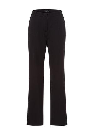 Pantalons noirs en tissu lisse. Ils présentent un design à jambes droites avec une fente latérale discrète. Taille classique et sans embellissements visibles.