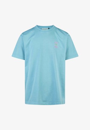 Light blue cotton t-shirt with a crew neck, short sleeves, and a small graphic logo on the left chest featuring palm trees.
