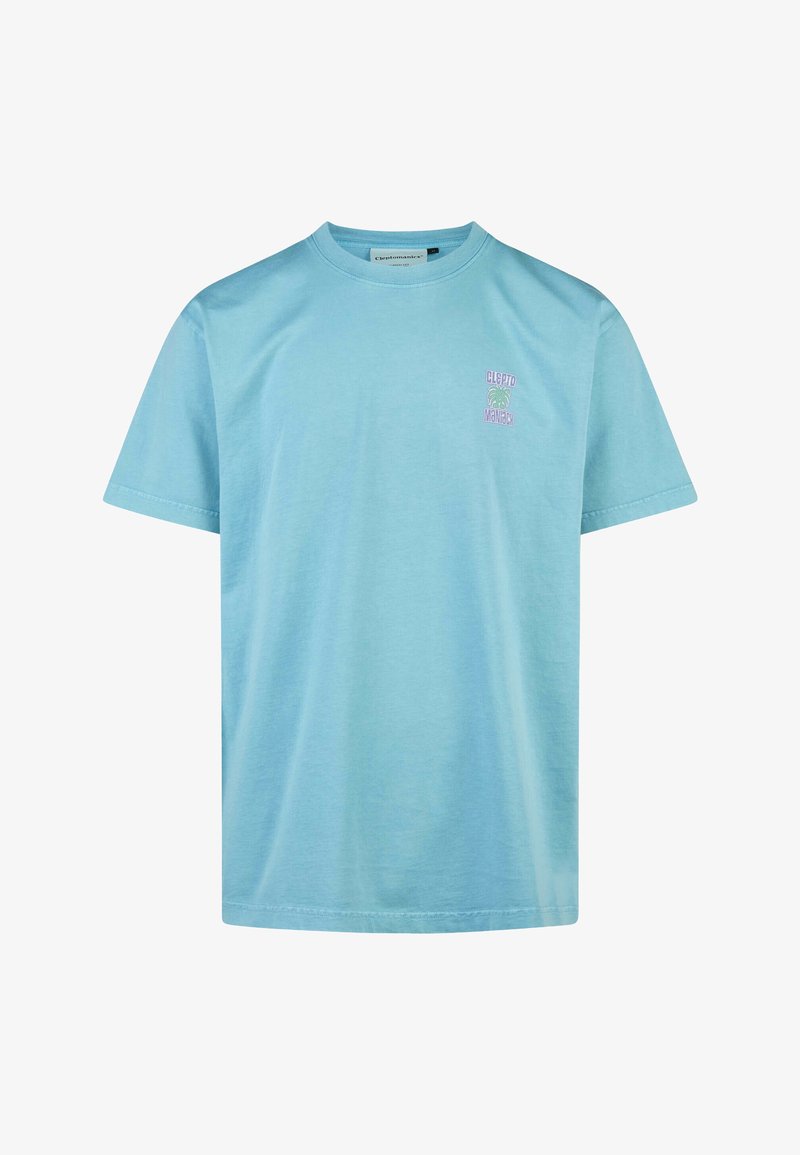 Hellblaues Baumwoll-T-Shirt mit Rundhalsausschnitt, kurzen Ärmeln und einem kleinen grafischen Logo auf der linken Brust, das Palmen zeigt.