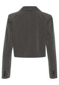 Afklippet grå blazer med lodrette striber, struktureret krave, lange ærmer og tre-knaps manchetter. Glat tekstur med skræddersyet design.