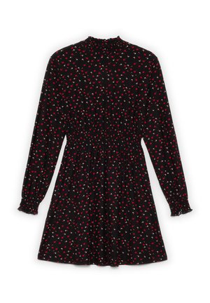 Vestido negro de manga larga, con un cuerpo fruncido y un patrón floral rojo. El material parece suave, con un corte holgado y puños elásticos.