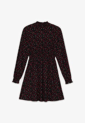 Vestido negro de manga larga, con un cuerpo fruncido y un patrón floral rojo. El material parece suave, con un corte holgado y puños elásticos.