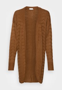 Braun gestrickte Strickjacke mit lockerer Passform, offenem Frontdesign, strukturiertem Zickzackmuster und gerippten Bündchen. Leichtes und atmungsaktives Material.