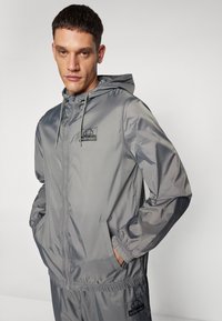 Gray hooded jacket made of lightweight, shiny material. Features elastic cuffs, side pockets, and a logo on the chest. Simple, modern design.