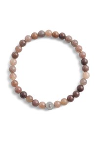 Elastinen rannekoru, jossa on pyöreitä helmiä vaaleanpunaisen, ruskean ja harmaan sävyissä, keskellä hopeinen metallikoriste. Sileä pinta.