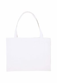 Borsa tote in tela bianca con due manici piatti, forma rettangolare, texture liscia e senza motivi o elementi hardware visibili.