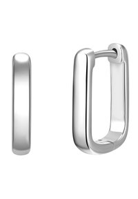 Sudraba riņķveida auskari ar taisnstūra dizainu, gludu virsmu un spīdīgu apdari. Aprīkoti ar eņģes aizdari, kas nodrošina ērtu uzlikšanu.