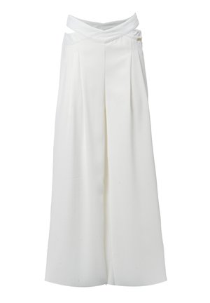White wide-leg trousers with a pleated front, crossover waistband design, and smooth fabric texture. Features a slender waist and no visible fastening.