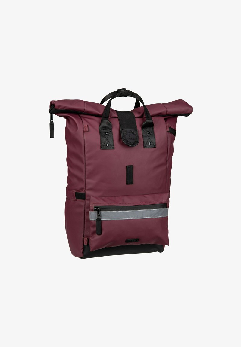Burgunderroter Rolltop-Rucksack mit schwarzen Trägern und Akzenten. Verfügt über eine vordere Reißverschlusstasche mit reflektierendem Streifen und strapazierfähigem, wasserabweisendem Material.
