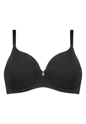 Soutien-gorge noir avec armature, bonnets moulés lisses, bretelles réglables et un petit logo doré au centre devant.