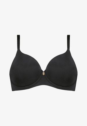 Reggiseno nero con stecche, con coppe morbide e modellate, spalline regolabili e un piccolo dettaglio con logo dorato al centro davanti.