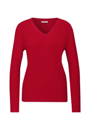 Rode gebreide trui met lange mouwen, V-hals, een aansluitende taille en een geribbelde textuur.