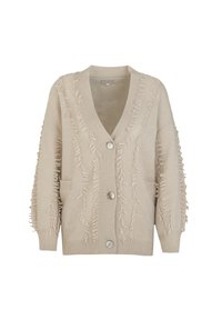 Beige gestrickte Strickjacke mit V-Ausschnitt, kombiniert mit Fransenverzierungen an der Vorderseite und den Ärmeln, zwei Taschen und Knopfverschlüssen.