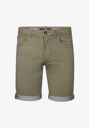 Vihreät oliivinväriset shortsit, joissa on käännetty lahje, valmistettu kevyestä kankaasta, varustettu vyölenkeillä, etutaskuilla ja yhdellä nappisuljennalla.