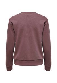 Sweat-shirt mauve à manches longues avec poignets, ourlet et encolure ronde côtelés, vu de dos sur fond blanc.