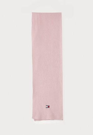 Pink knitted scarf with a ribbed texture, featuring a small branded logo tag at one end. Length is greater than width.