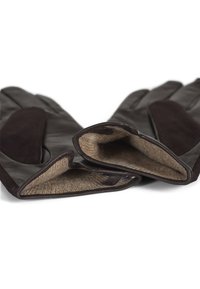 Bruna läderhandskar med en mjuk beige foder, med en slät yta och nubuckliknande detaljer på baksidan. Öppna vid handlederna.