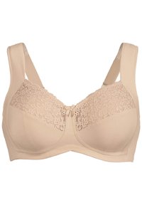 Soutien-gorge beige avec un panneau supérieur en dentelle, des bretelles larges et un détail en nœud au centre. Le tissu est lisse avec un design légèrement soutenant.
