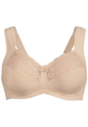 Beige-BH mit einem Spitzenoberteil, breiten Trägern und einer Schleifendetail in der Mitte. Der Stoff ist glatt und hat ein subtil unterstützendes Design.