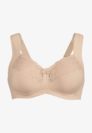 Beige-BH mit einem Spitzenoberteil, breiten Trägern und einer Schleifendetail in der Mitte. Der Stoff ist glatt und hat ein subtil unterstützendes Design.