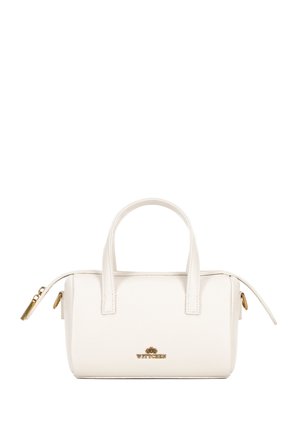 White leather handbag with a structured shape, short handles, gold hardware accents, embossed logo, and zip closures on either side.