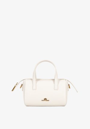 White leather handbag with a structured shape, short handles, gold hardware accents, embossed logo, and zip closures on either side.