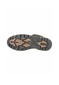 Suela de bota de goma negra con profundos surcos, con acentos beige y patrones en zigzag para mayor tracción. Construcción resistente con surcos pronunciados.