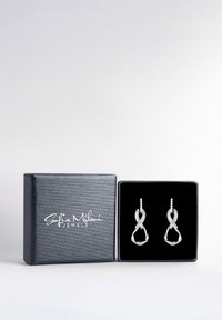 Silverörhängen med vriden design, prydda med klara ädelstenar längs kanterna, presenterade i en mörkgrå låda med ett mjukt svart inre.