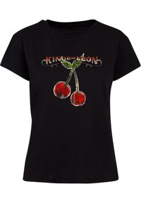 Čierne bavlnené tričko s grafickým potlačou dvoch čerešní a textom "Kings of Leon" v vintage štýle. Krátke rukávy, kulatý výstrih.